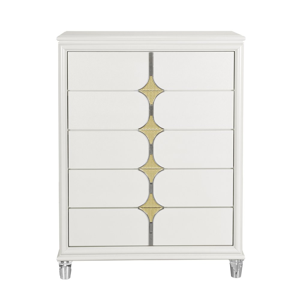 37" White Wood With Gold Faux Crystal Bling Wood Five Drawer Dresser
