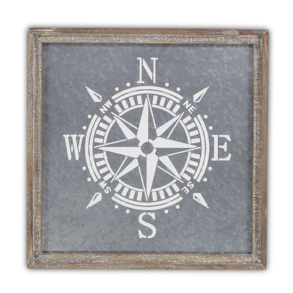 17" X 17" Gray Compass Galvanized Metal And Wood Square Framed Art HomeRoots