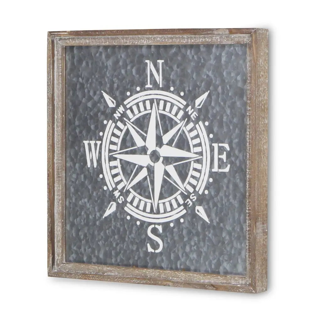 17" X 17" Gray Compass Galvanized Metal And Wood Square Framed Art HomeRoots