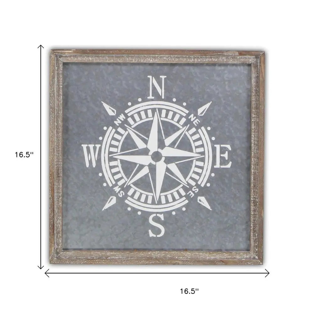 17" X 17" Gray Compass Galvanized Metal And Wood Square Framed Art HomeRoots