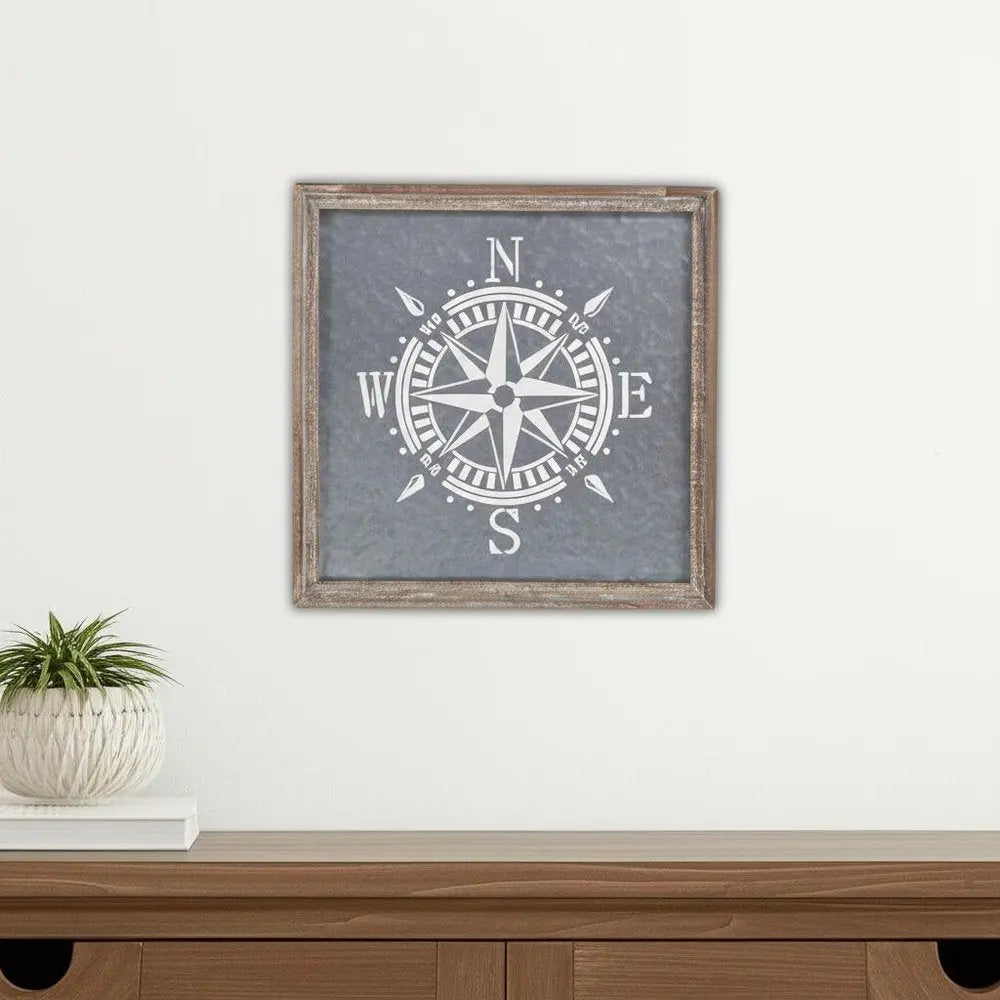 17" X 17" Gray Compass Galvanized Metal And Wood Square Framed Art HomeRoots