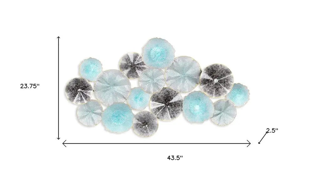 24" X 44" Aqua Charcoal And Silver Abstract Metal Round Discs Hanging Dimensional Sculpture HomeRoots