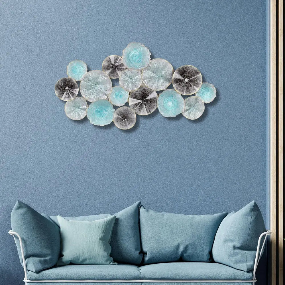 24" X 44" Aqua Charcoal And Silver Abstract Metal Round Discs Hanging Dimensional Sculpture HomeRoots