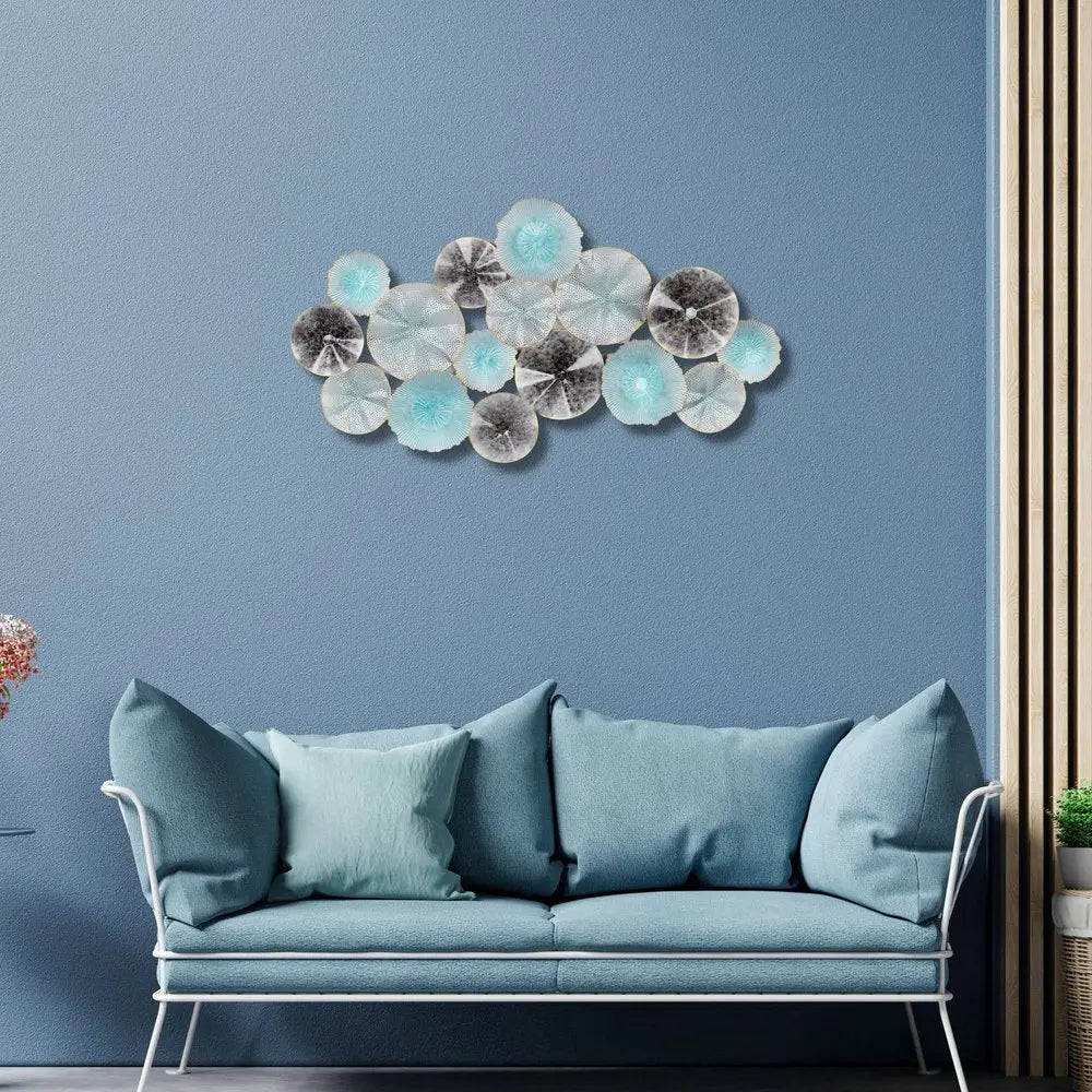 24" X 44" Aqua Charcoal And Silver Abstract Metal Round Discs Hanging Dimensional Sculpture HomeRoots