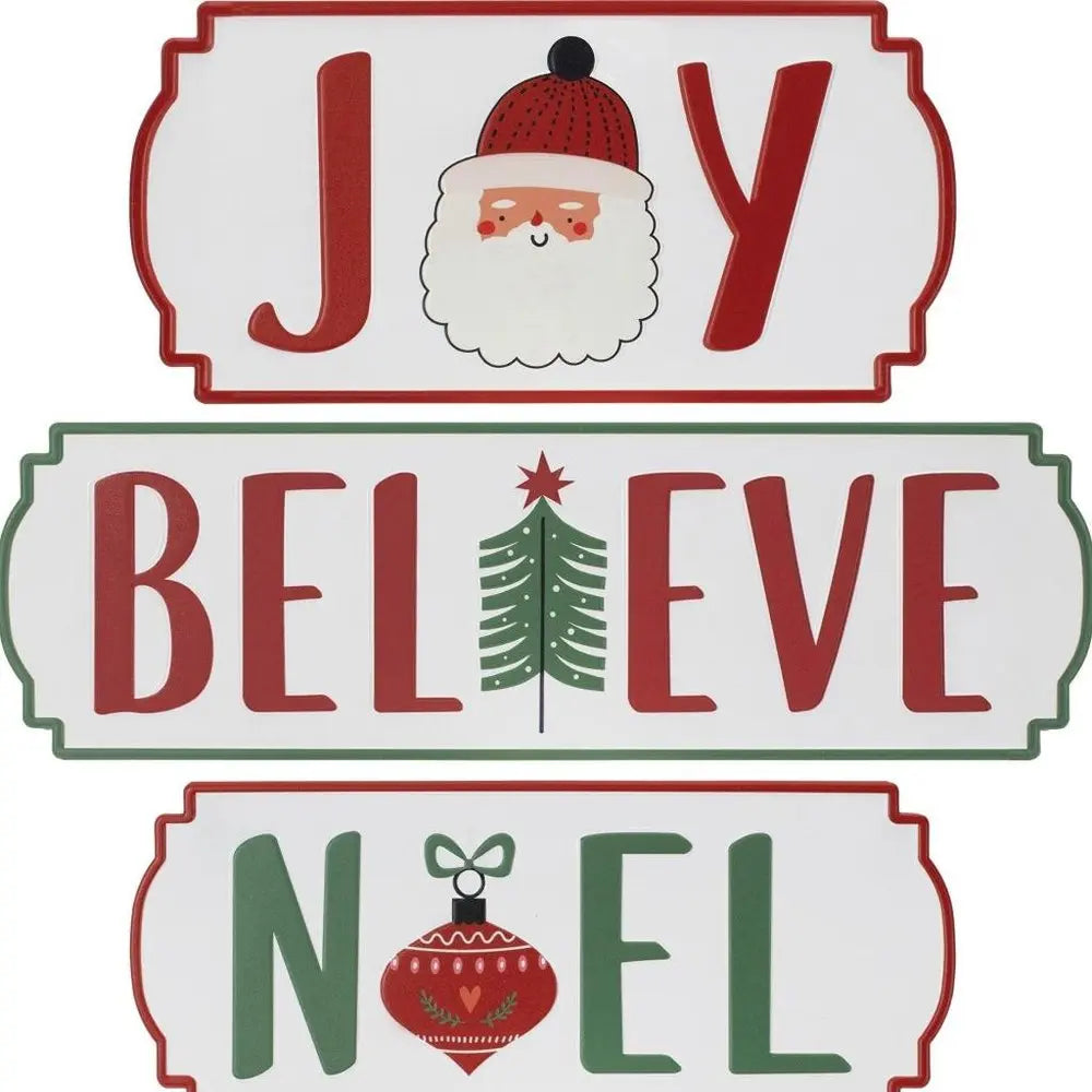 Set of Three White Green And Red Metal Christmas Hanging Text Wall Decor HomeRoots