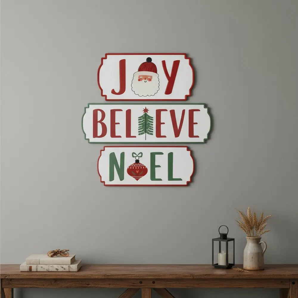 Set of Three White Green And Red Metal Christmas Hanging Text Wall Decor HomeRoots