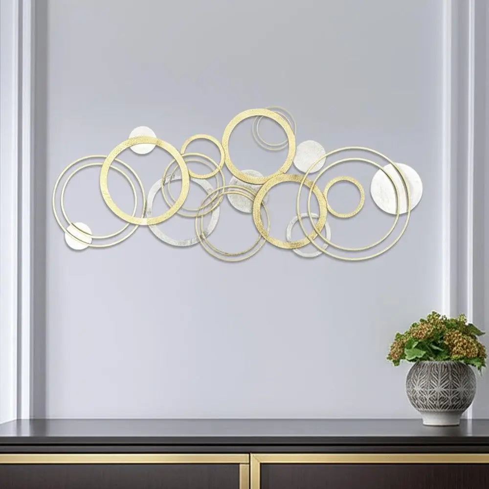 18" X 44" Gold And Silver Geometric Metal Round Discs Hanging Dimensional Sculpture HomeRoots