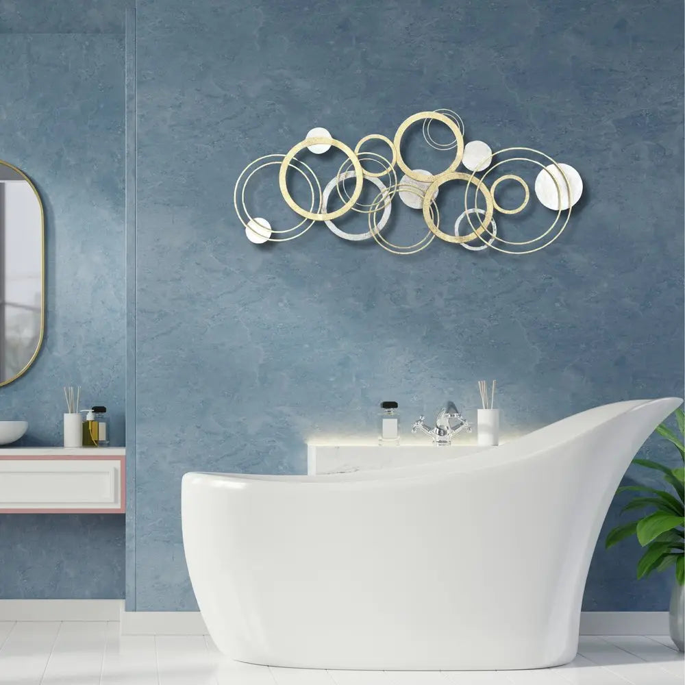 18" X 44" Gold And Silver Geometric Metal Round Discs Hanging Dimensional Sculpture HomeRoots