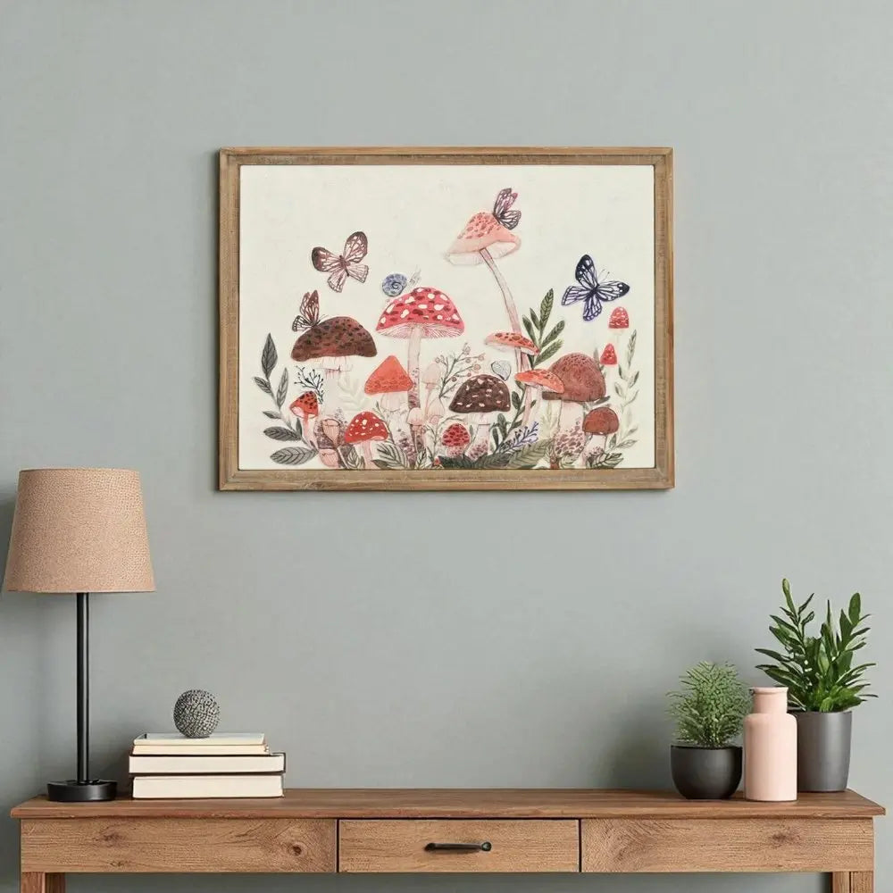 20" X 26" Natural And White Butterflies and Mushrooms Metal Framed Art HomeRoots