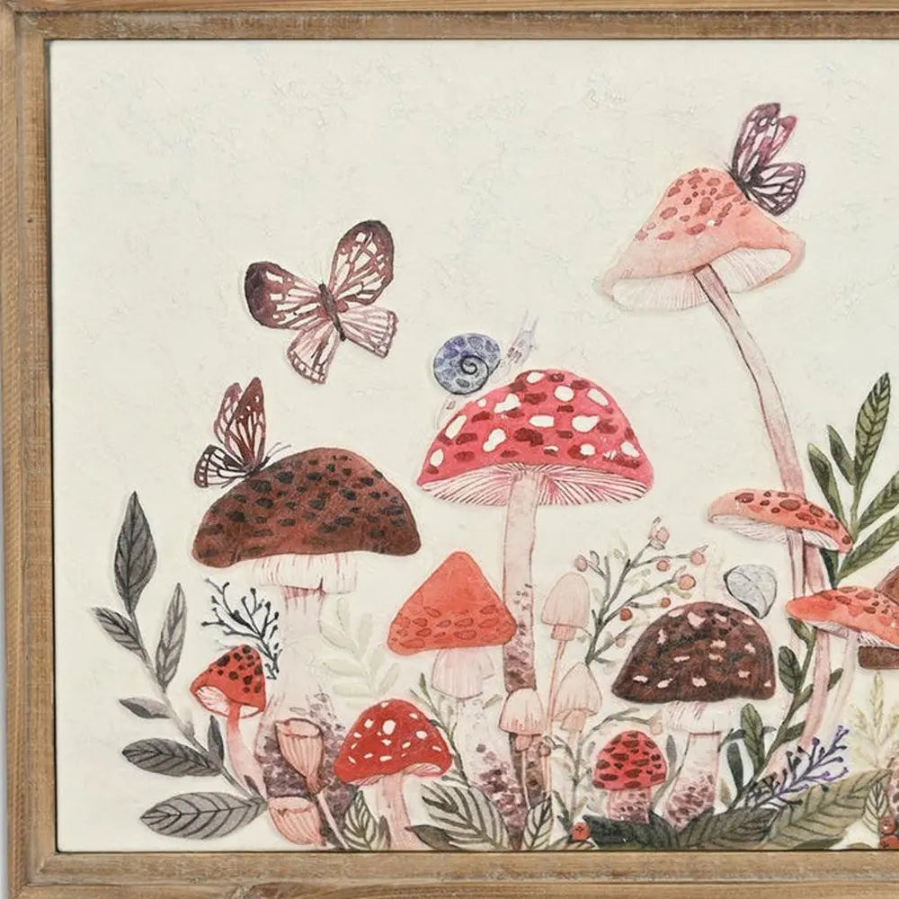 20" X 26" Natural And White Butterflies and Mushrooms Metal Framed Art HomeRoots