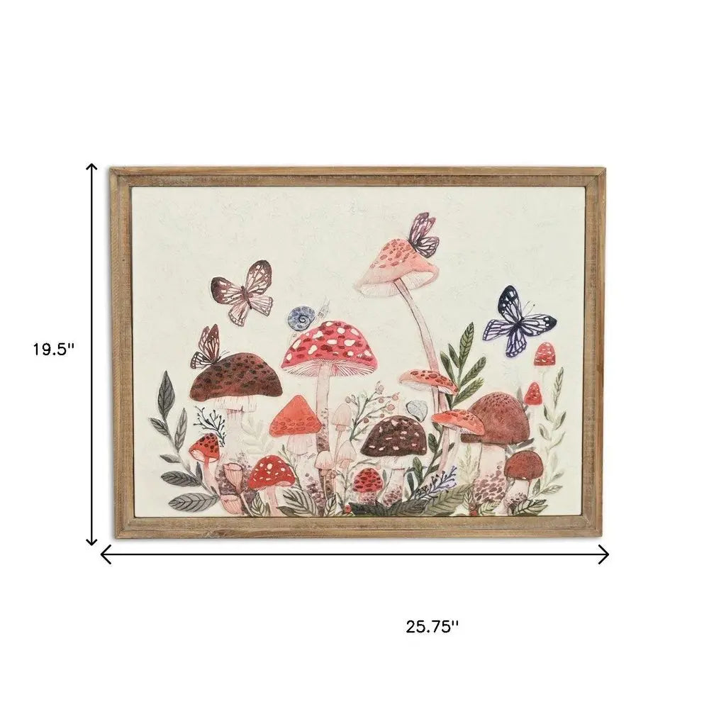 20" X 26" Natural And White Butterflies and Mushrooms Metal Framed Art HomeRoots