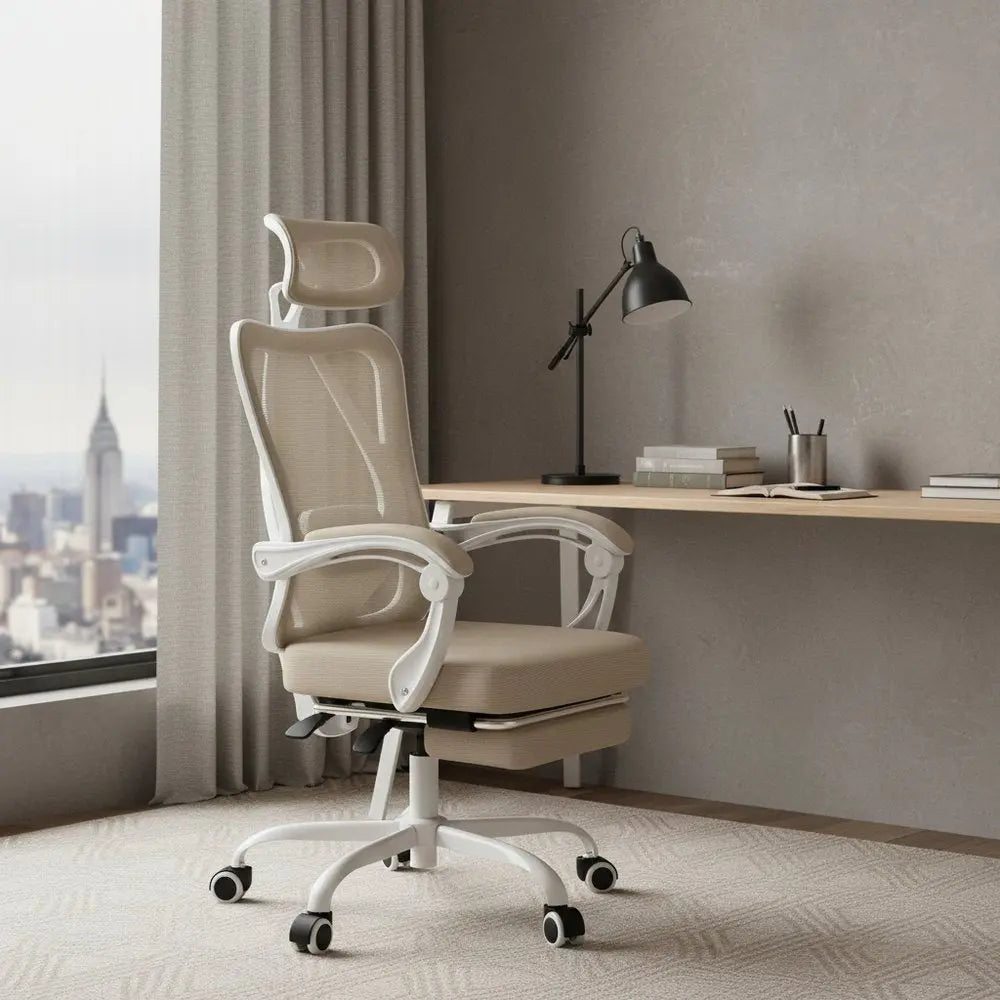 Beige White and Black Adjustable Height Swivel Rolling Office Chair - NOVA HOME FURNITURE
