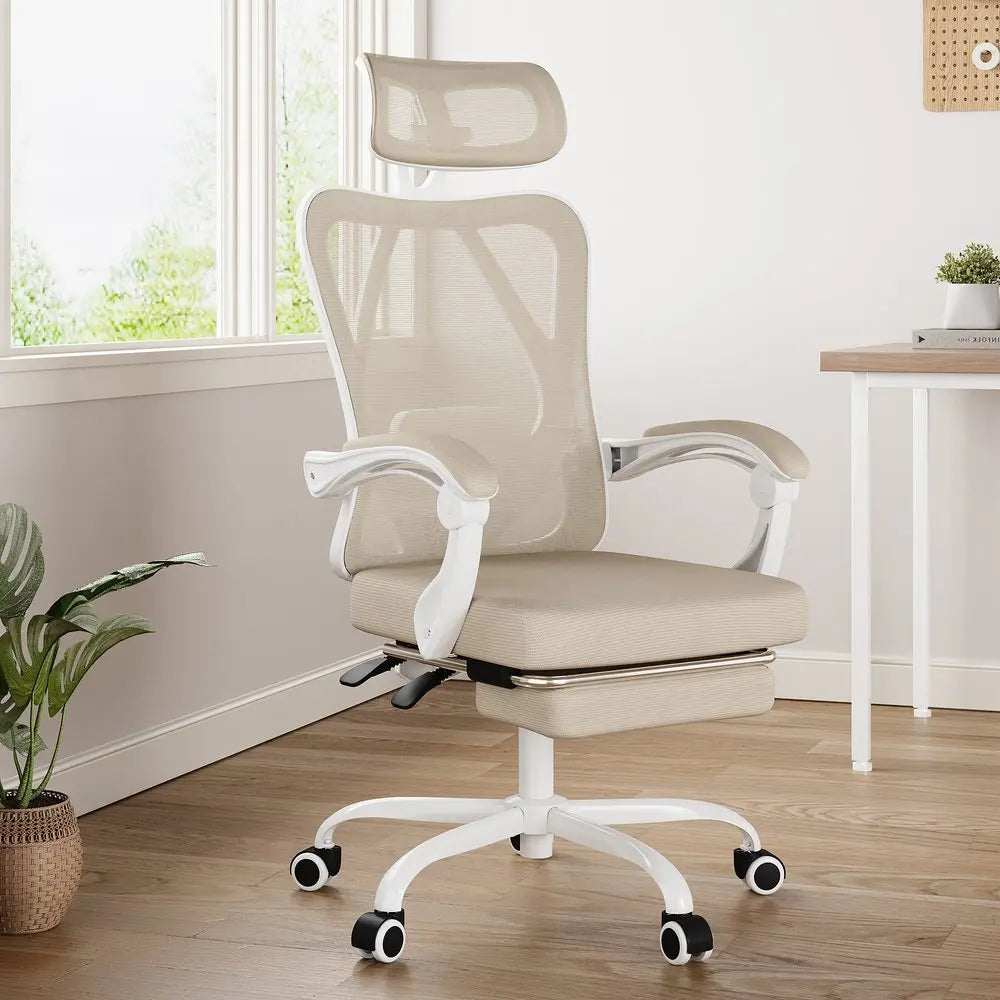 Beige White and Black Adjustable Height Swivel Rolling Office Chair - NOVA HOME FURNITURE