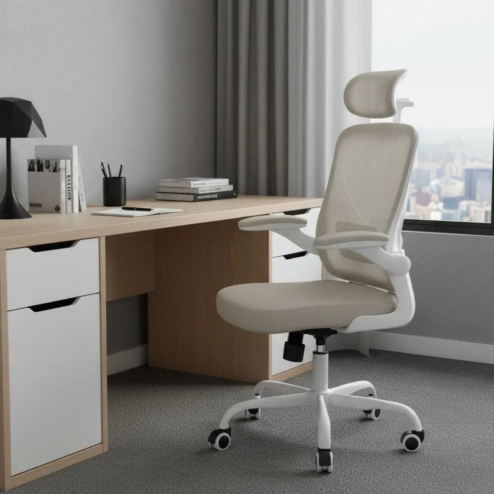 Beige White and Black Adjustable Height Swivel Rolling Office Chair - NOVA HOME FURNITURE