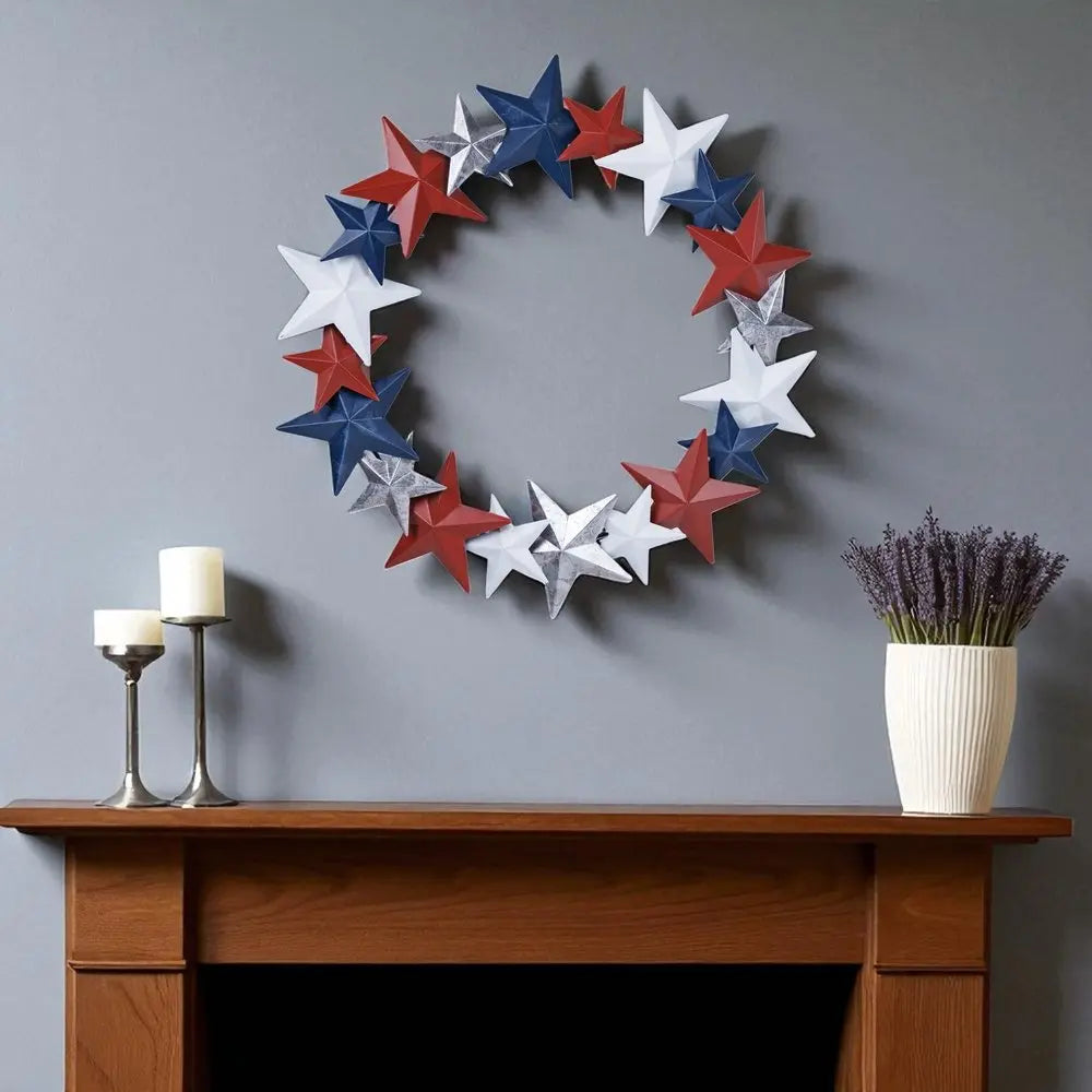 18" Red White And Blue Metal Star Round Hanging Wreath Wall Decor HomeRoots