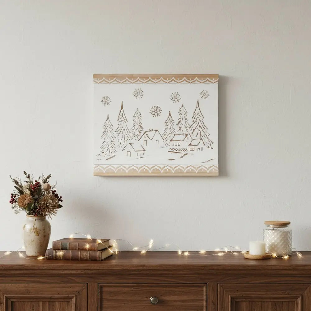 16" X 19" Natural And White Winter Village Christmas Trees Hanging Wall Decor HomeRoots