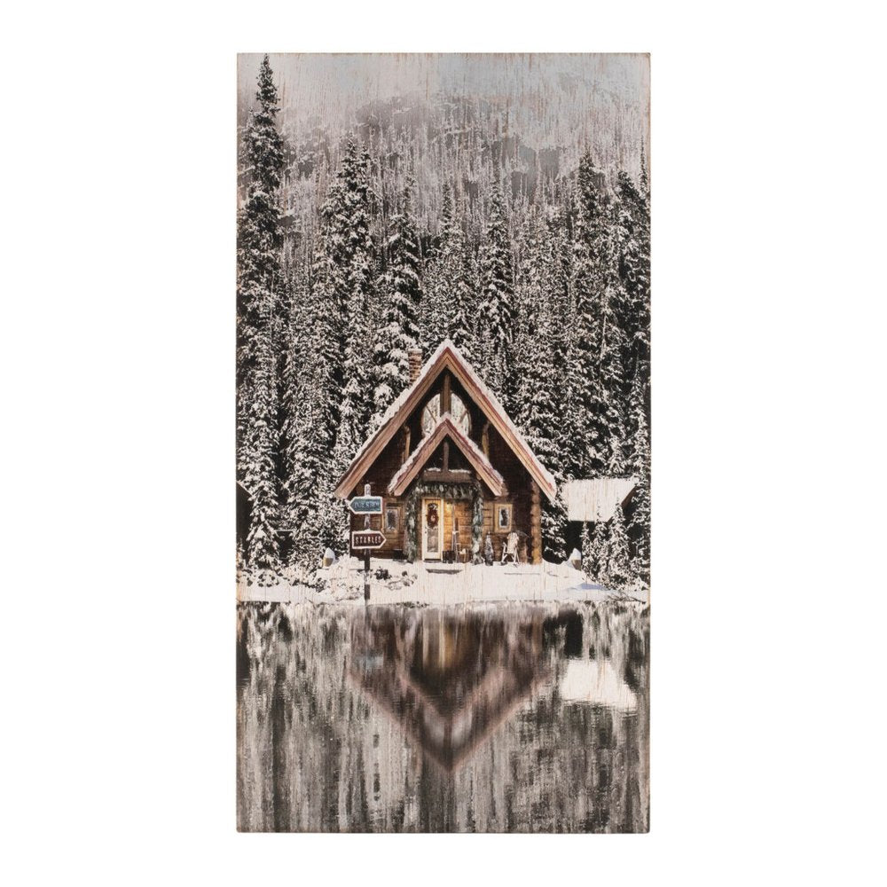 18" X 10" Brown And White Wood Winter Lodge On The Lake Hanging Wall Decor