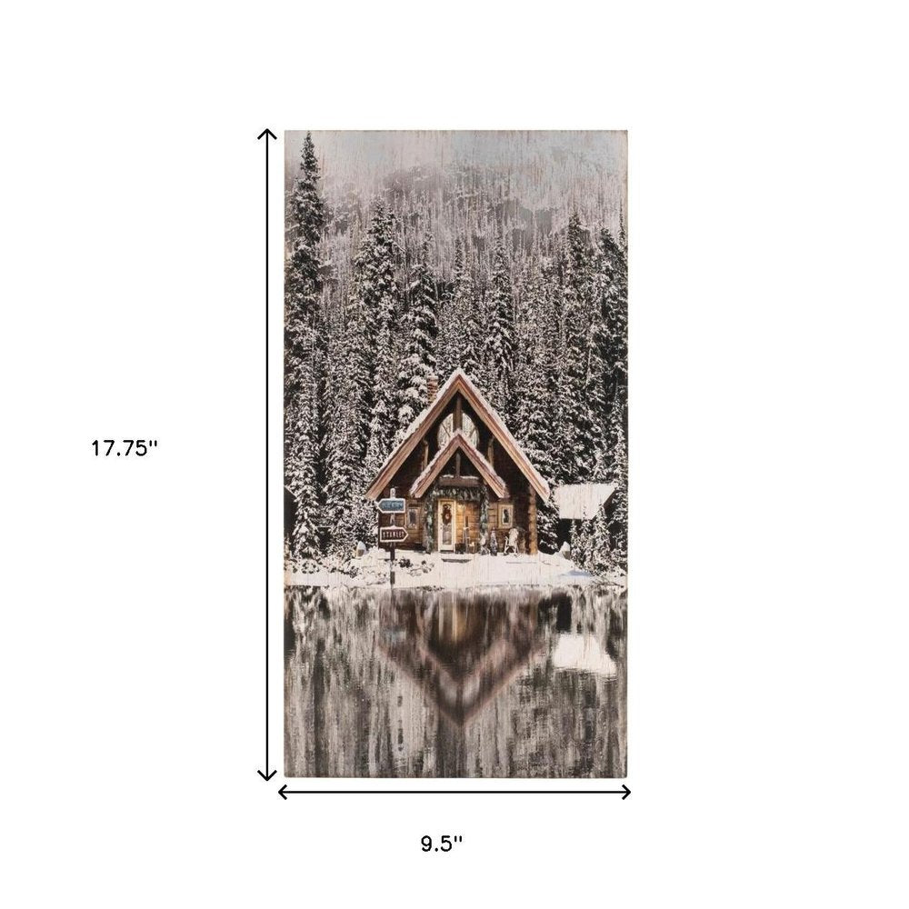 18" X 10" Brown And White Wood Winter Lodge On The Lake Hanging Wall Decor