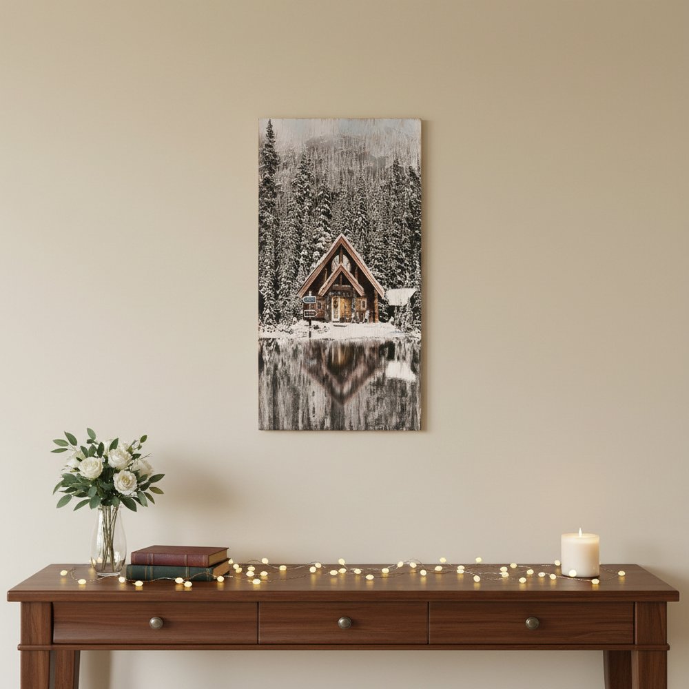 18" X 10" Brown And White Wood Winter Lodge On The Lake Hanging Wall Decor