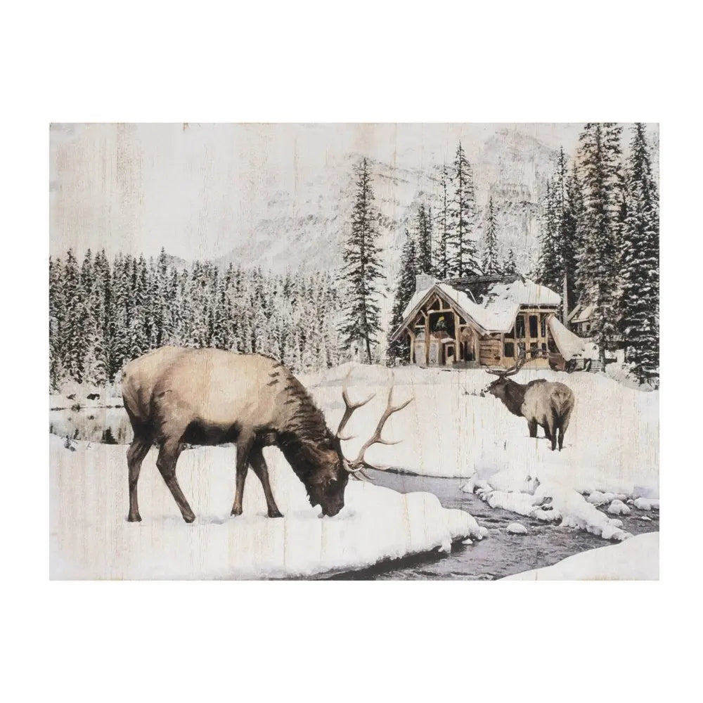 14" X 19" Brown And White Wood Winter Reindeer Lodge Hanging Wall Decor HomeRoots