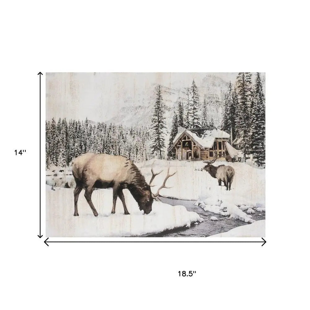 14" X 19" Brown And White Wood Winter Reindeer Lodge Hanging Wall Decor HomeRoots