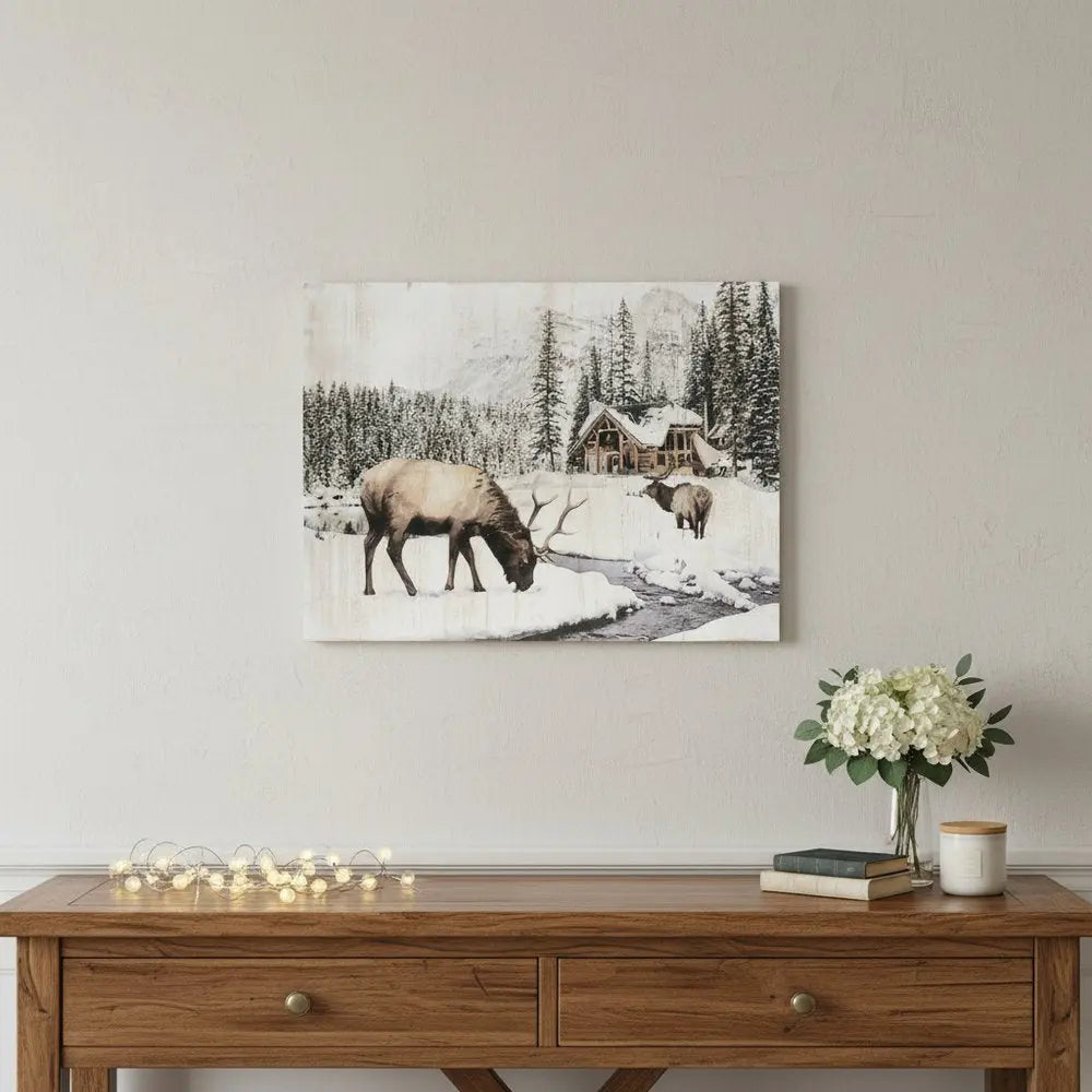 14" X 19" Brown And White Wood Winter Reindeer Lodge Hanging Wall Decor HomeRoots
