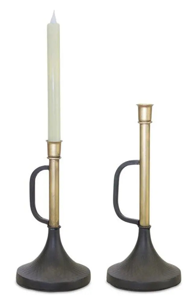 Set of Two Black And Gold Distressed Metal Tabletop Taper Candlesticks HomeRoots