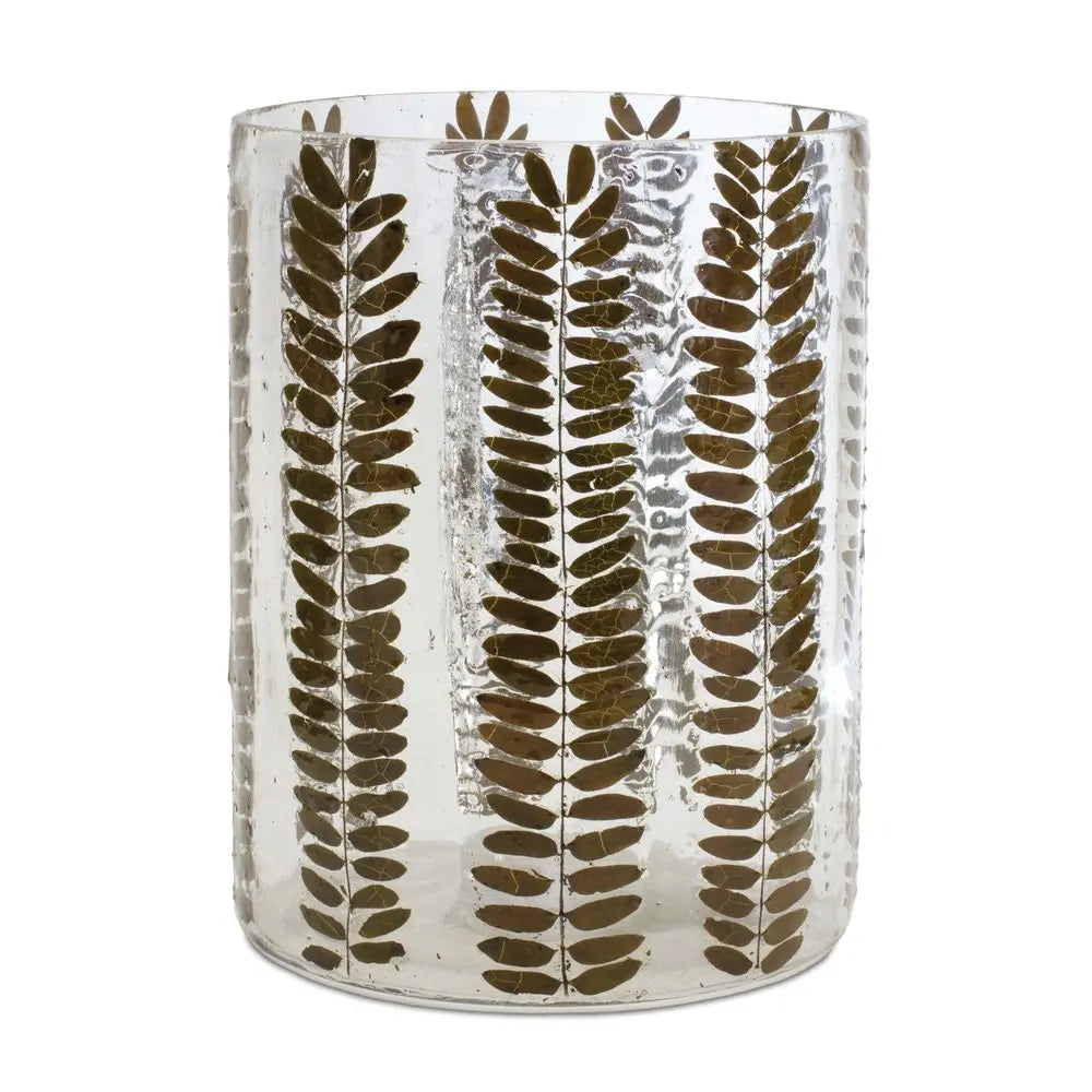 8" Clear And Green Botanical Leaf Glass Tabletop Pillar Candle Holder HomeRoots