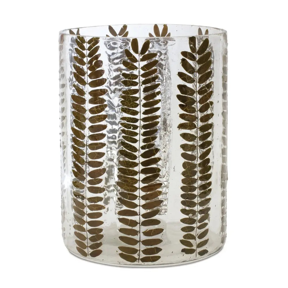 8" Clear And Green Botanical Leaf Glass Tabletop Pillar Candle Holder HomeRoots