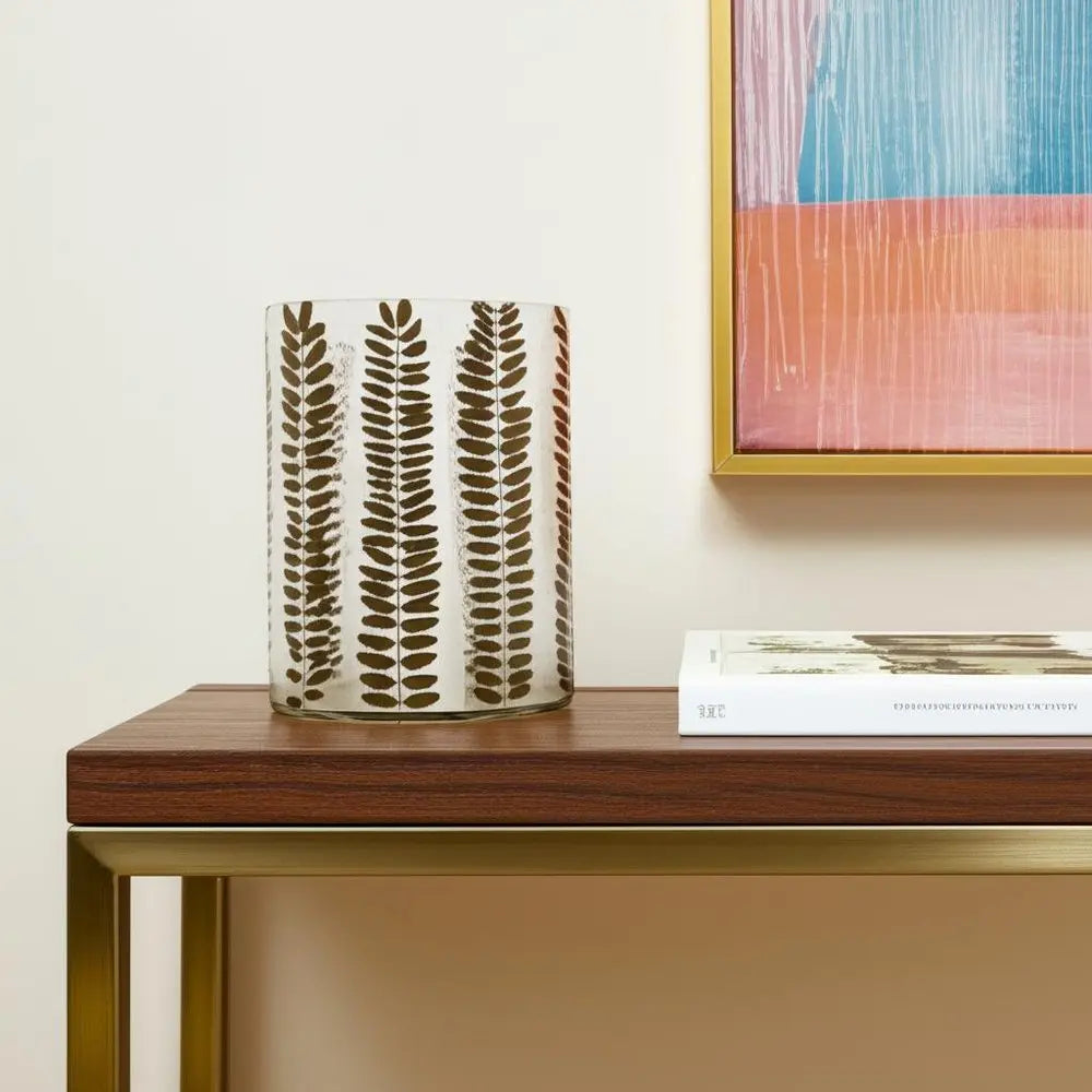 8" Clear And Green Botanical Leaf Glass Tabletop Pillar Candle Holder HomeRoots