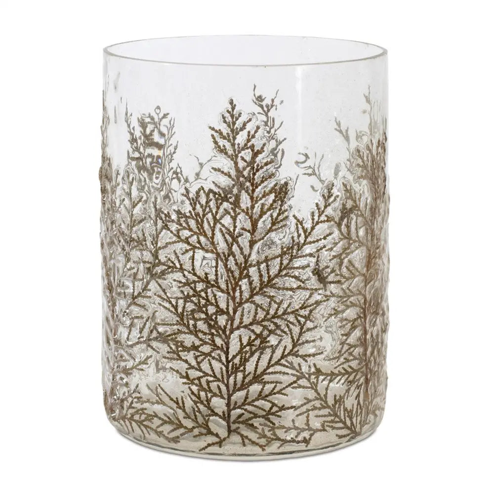 8" Brown And Clear Botanical Leaf Glass Tabletop Pillar Candle Holder HomeRoots