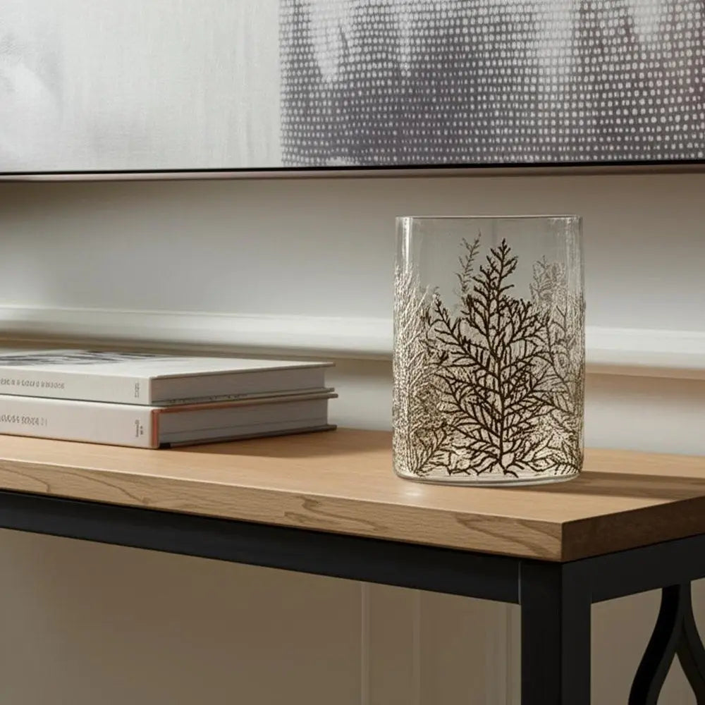 8" Brown And Clear Botanical Leaf Glass Tabletop Pillar Candle Holder HomeRoots