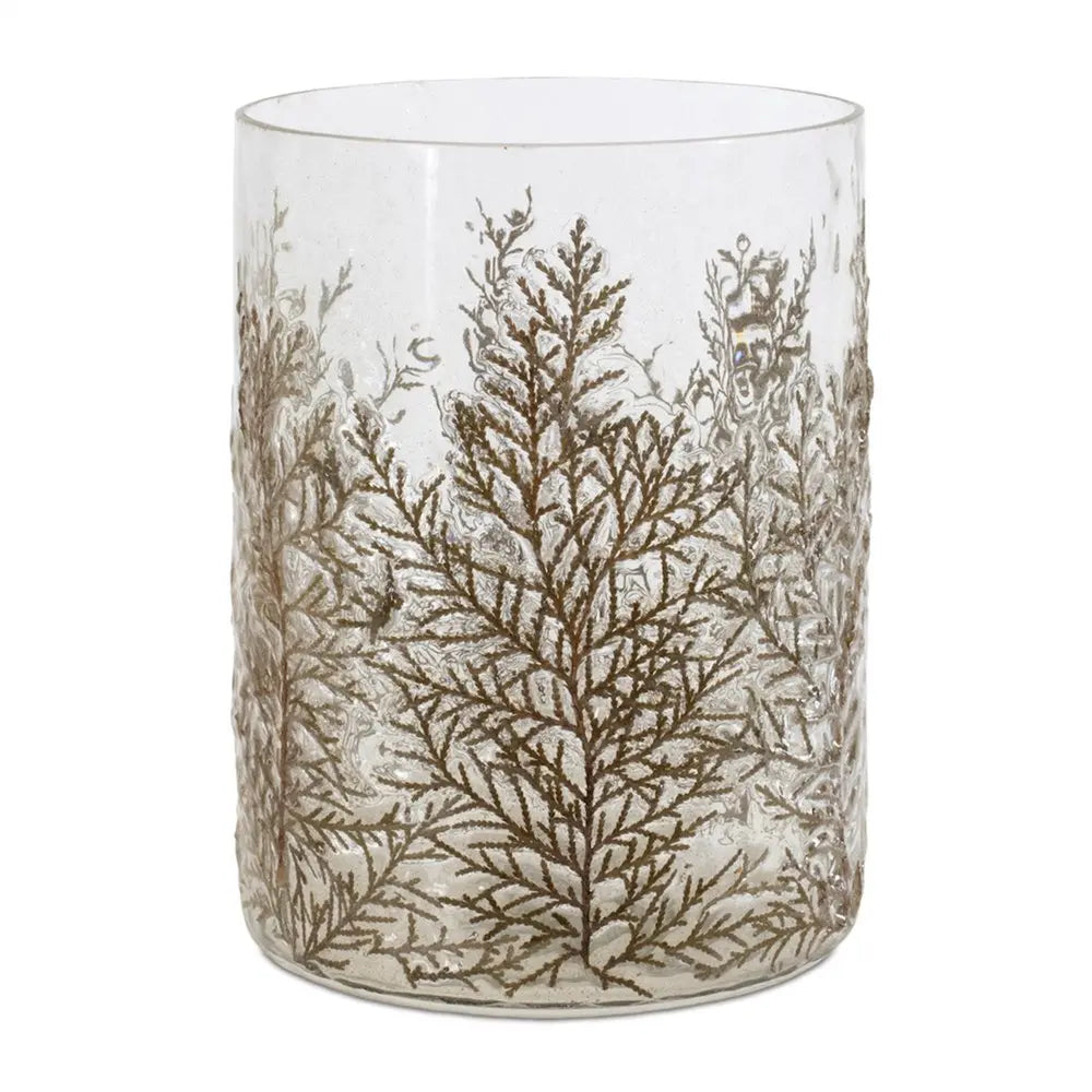 8" Brown And Clear Botanical Leaf Glass Tabletop Pillar Candle Holder HomeRoots