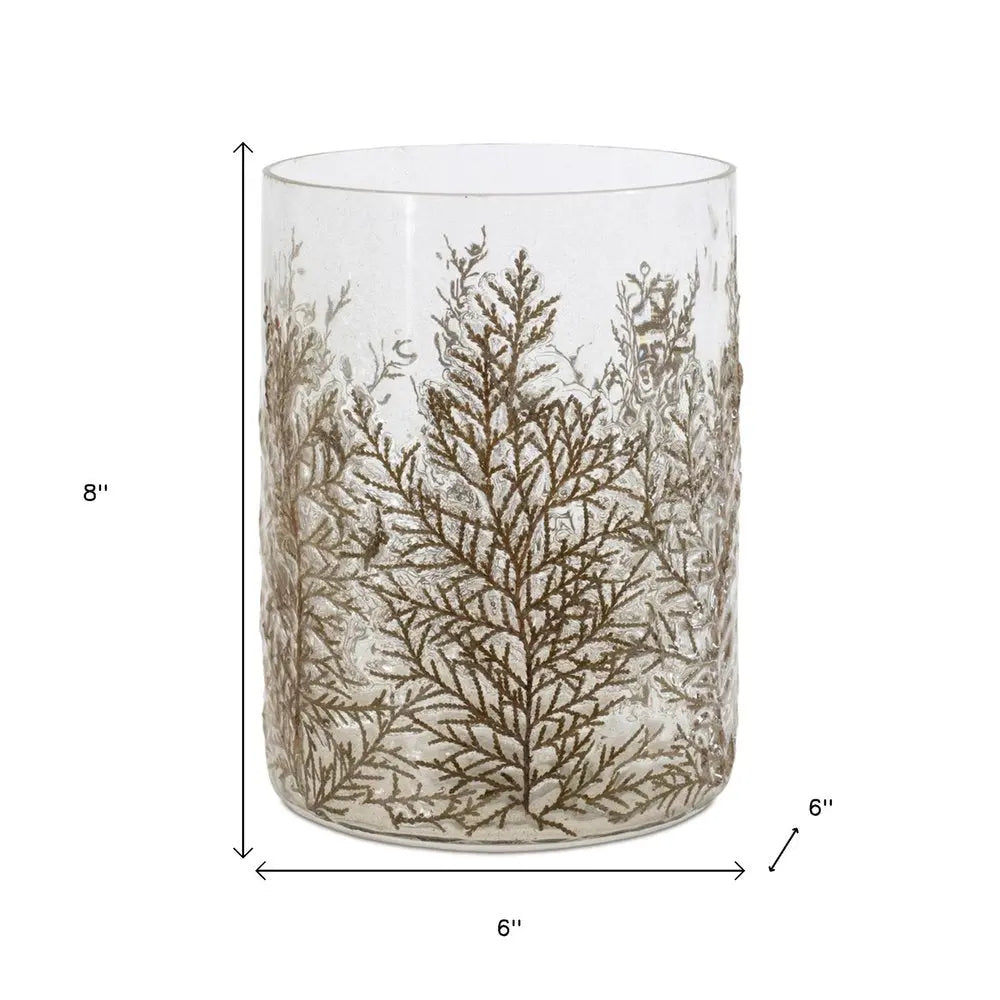8" Brown And Clear Botanical Leaf Glass Tabletop Pillar Candle Holder HomeRoots