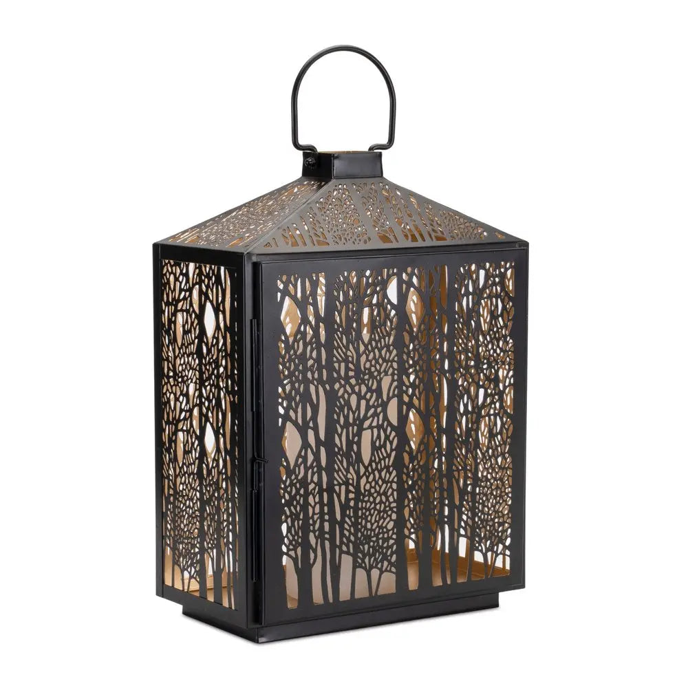 16" Black And Gold Pierced Floral Metal Lantern Candle Holder HomeRoots