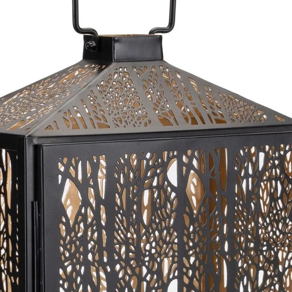 16" Black And Gold Pierced Floral Metal Lantern Candle Holder HomeRoots