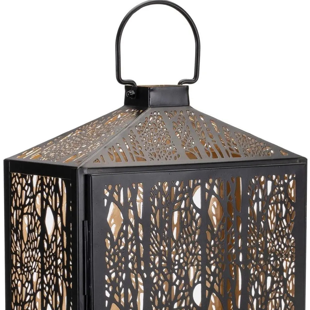 16" Black And Gold Pierced Floral Metal Lantern Candle Holder HomeRoots