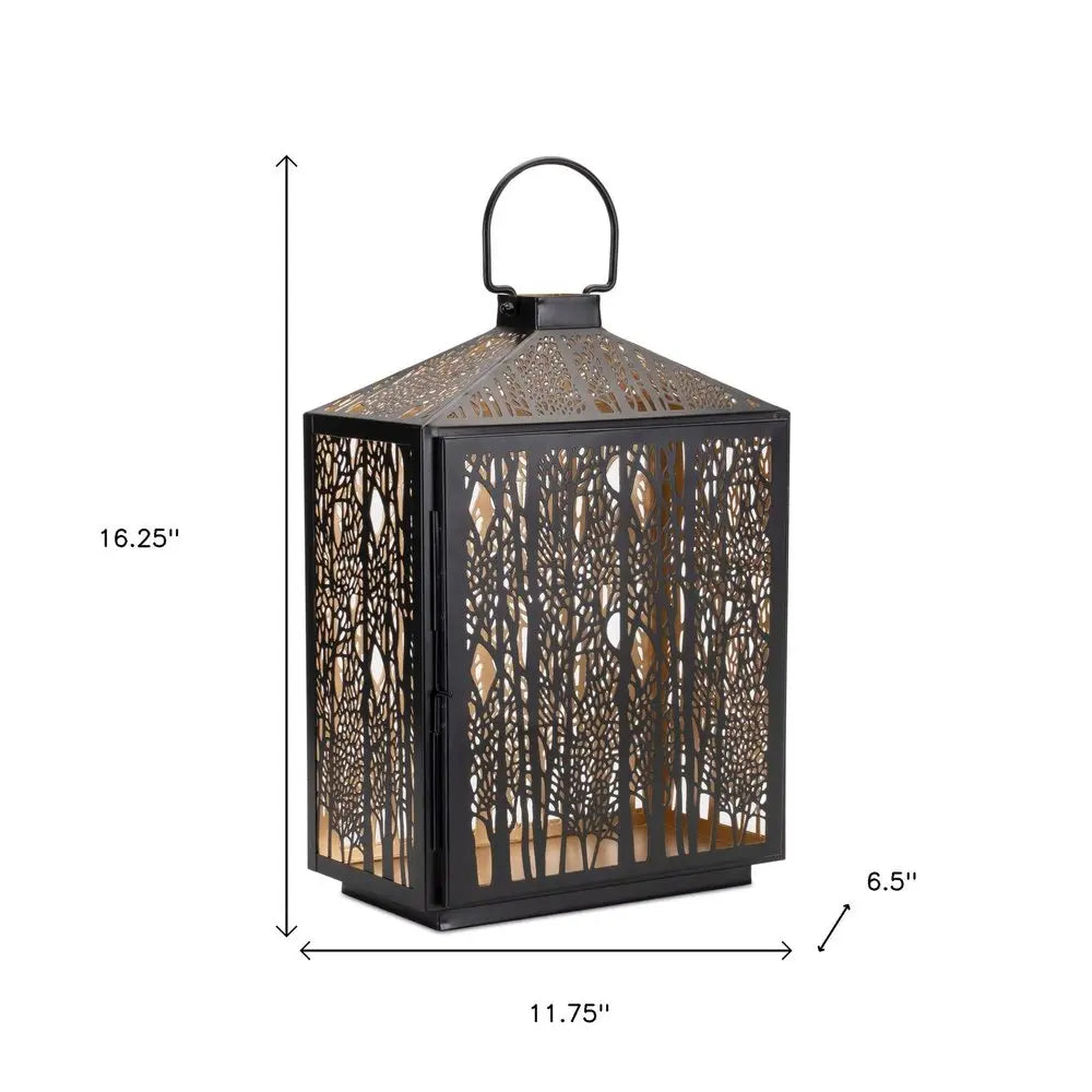 16" Black And Gold Pierced Floral Metal Lantern Candle Holder HomeRoots