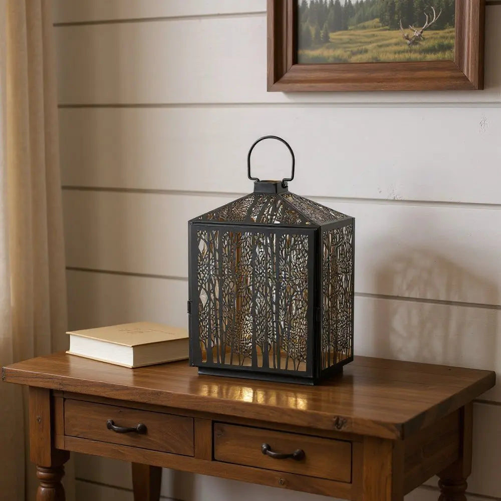 16" Black And Gold Pierced Floral Metal Lantern Candle Holder HomeRoots