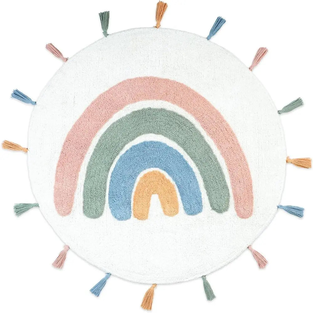 32" White Blue And Pink Cotton Rainbows Round Youthful Bath Rug HomeRoots