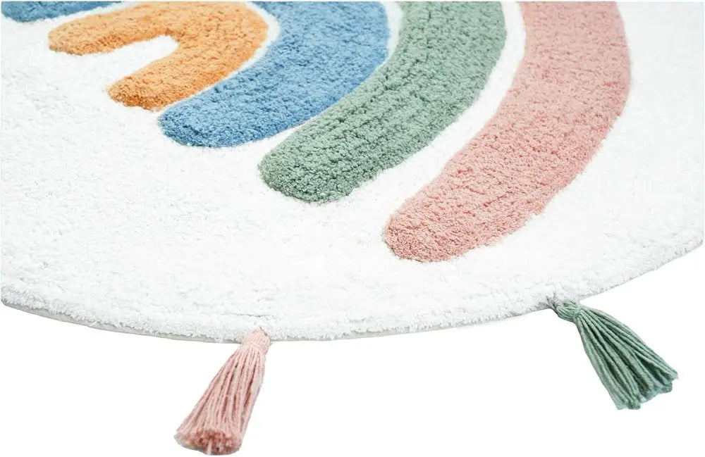 32" White Blue And Pink Cotton Rainbows Round Youthful Bath Rug HomeRoots