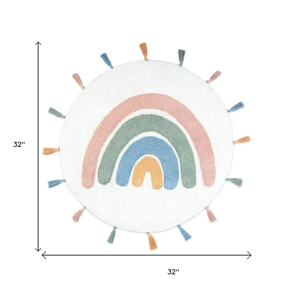 32" White Blue And Pink Cotton Rainbows Round Youthful Bath Rug HomeRoots