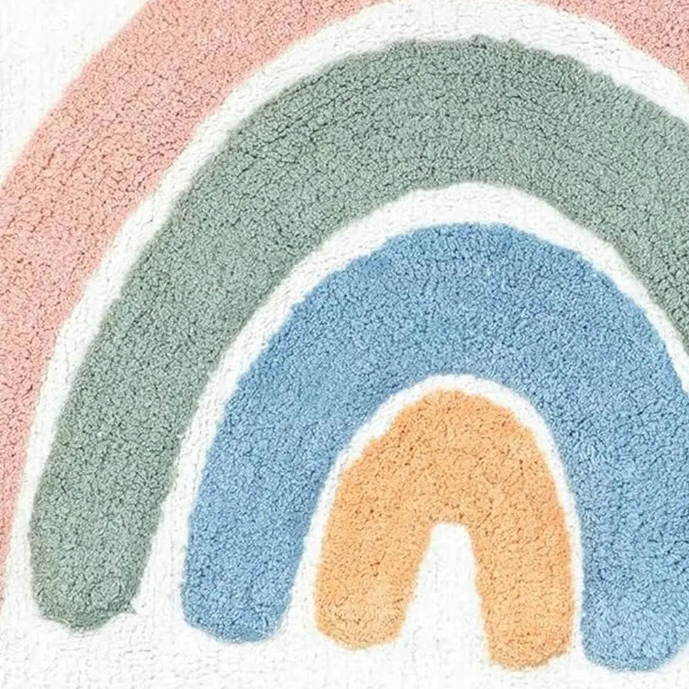 32" White Blue And Pink Cotton Rainbows Round Youthful Bath Rug HomeRoots