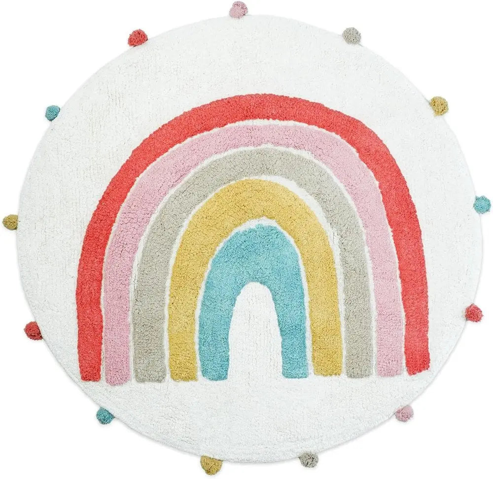 32" White Pink And Yellow Cotton Rainbows Round Youthful Bath Rug HomeRoots