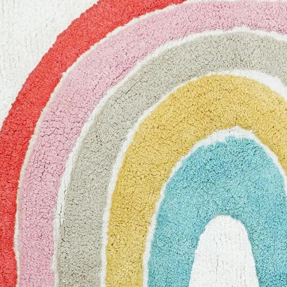32" White Pink And Yellow Cotton Rainbows Round Youthful Bath Rug HomeRoots