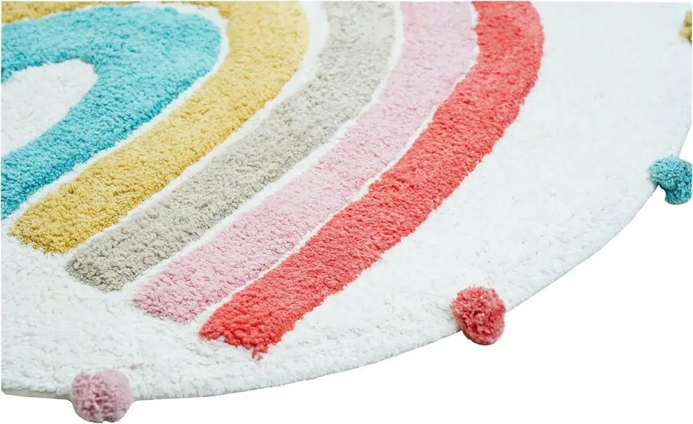 32" White Pink And Yellow Cotton Rainbows Round Youthful Bath Rug HomeRoots