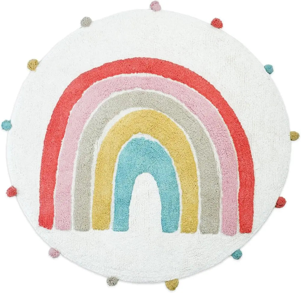 32" White Pink And Yellow Cotton Rainbows Round Youthful Bath Rug HomeRoots