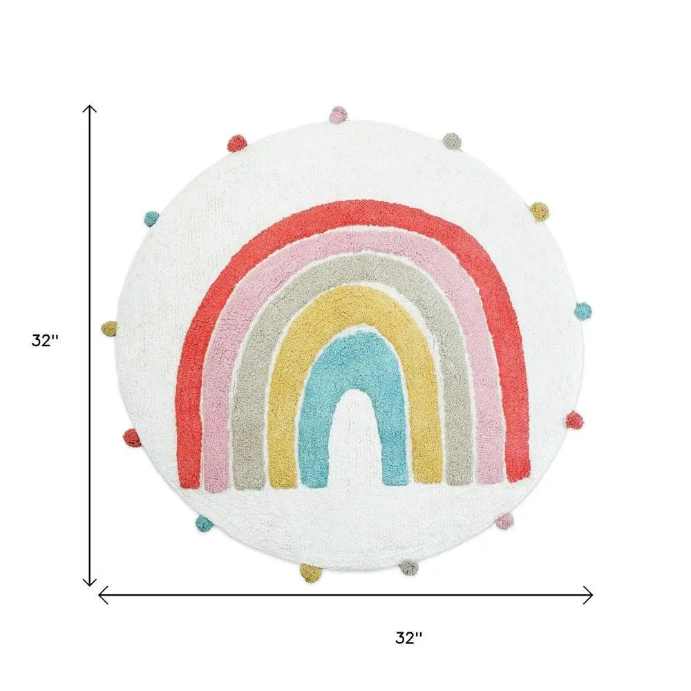 32" White Pink And Yellow Cotton Rainbows Round Youthful Bath Rug HomeRoots