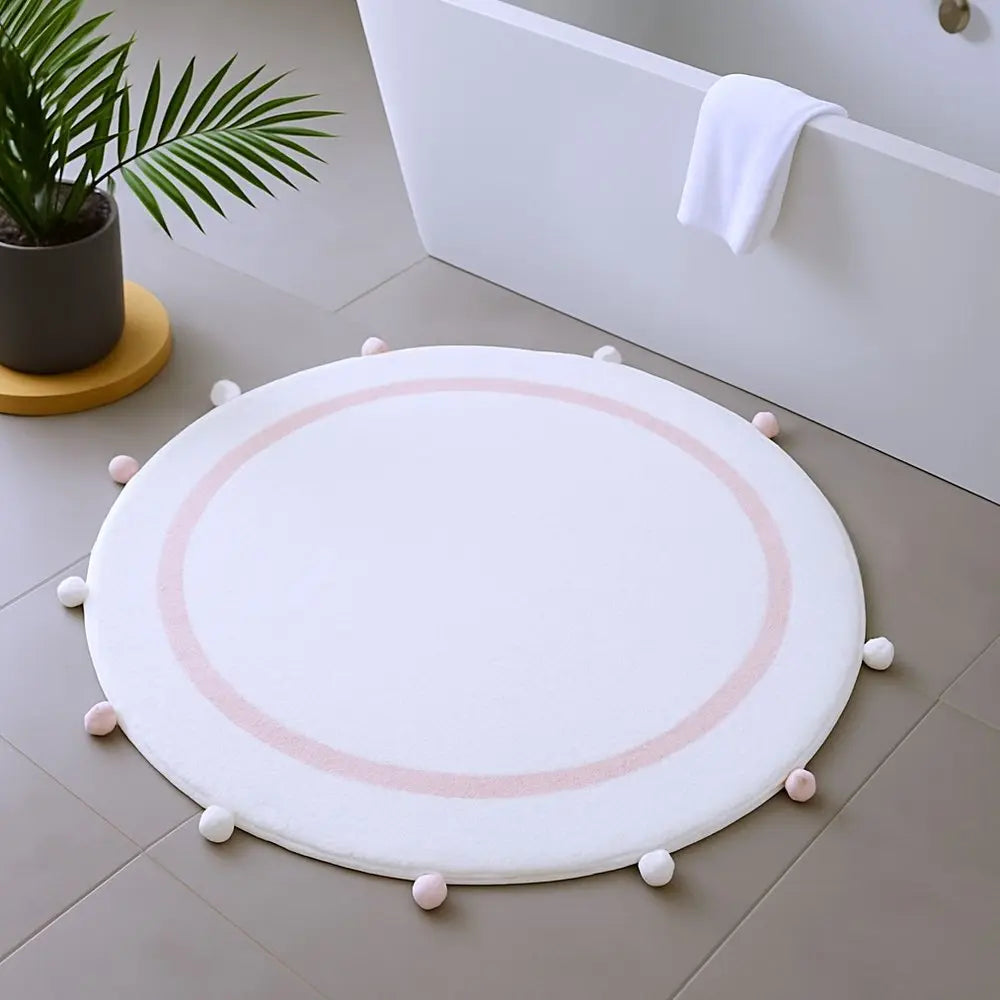32" Light Pink And White Cotton Round Geometric Bath Rug HomeRoots