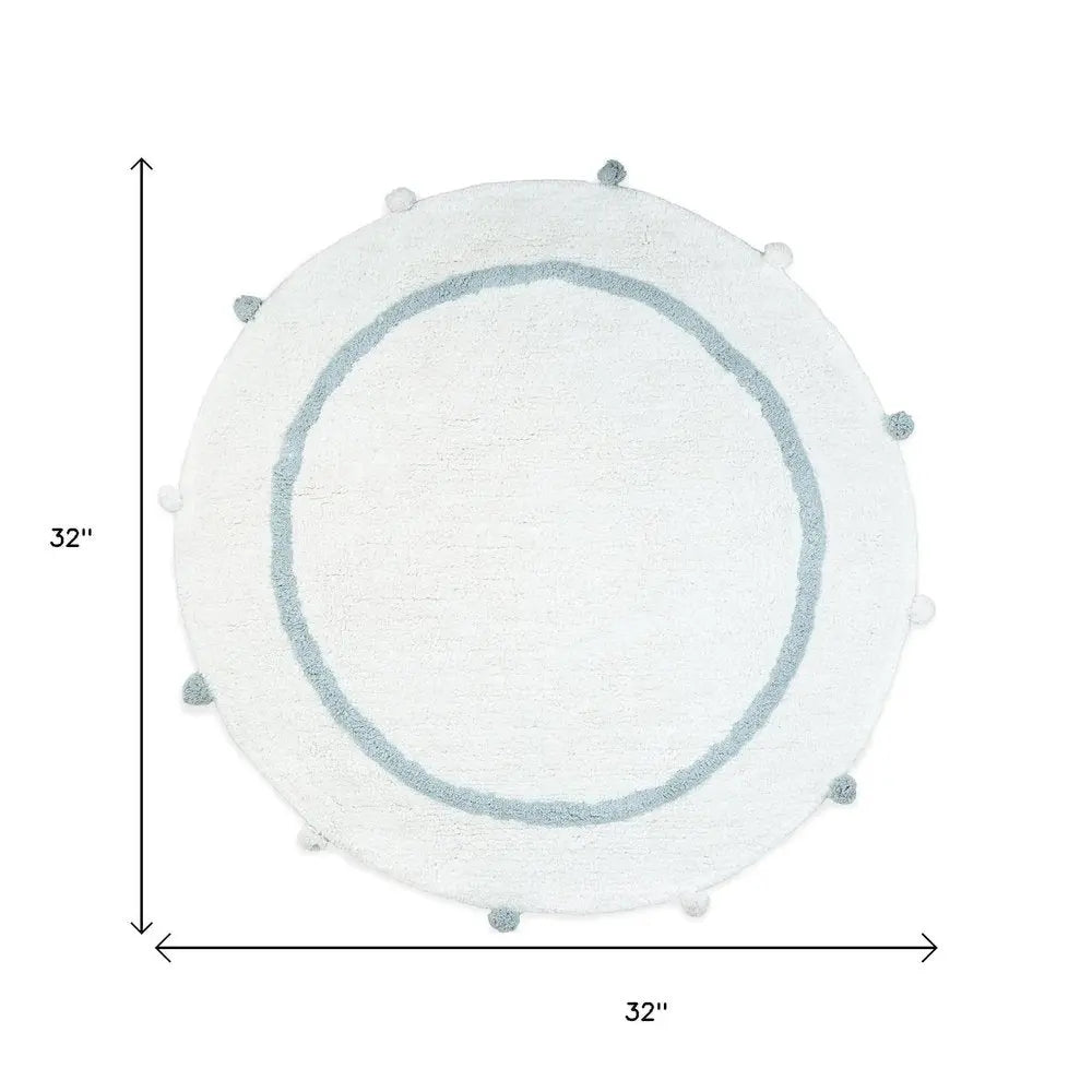 32" Baby Blue And White Cotton Round Geometric Bath Rug HomeRoots